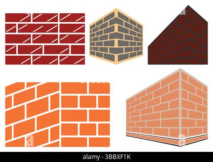 Set of brick wall elements in different perspectives. Vector illustration of red and orange brickwork patterns, including flat, isometric corner, and Stock Vector
