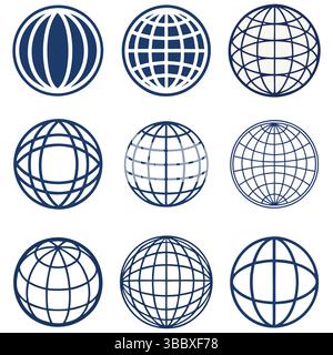 Collection of nine simple, stylized globe icons. Blue line art vector symbols of the world, earth, and global grid. Isolated graphic icon set for web, Stock Vector