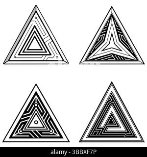 Vector set of four abstract geometric triangle icons. Black and white collection of futuristic technology, maze, or sacred geometry symbols. Isolated Stock Vector