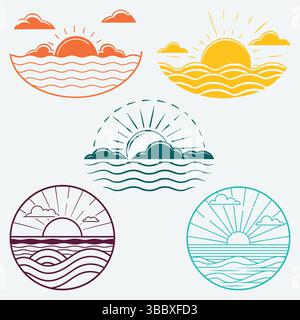 Collection of Colorful Linear Sunset Ocean Designs Stock Vector