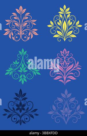 Colorful Damask Design Patterns on a Blue Background Stock Vector