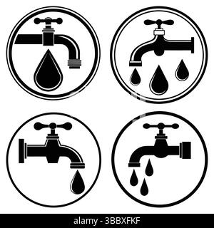 Four Simple Black and White Faucet Icons with Water Drops Stock Vector