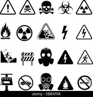 Danger and Hazard Warning Sign Collection – Black and White Safety Icons and Pictograms. Comprehensive Black and White Danger and Safety Symbols – Industrial and Public Hazard Warning Icons. Stock Vector
