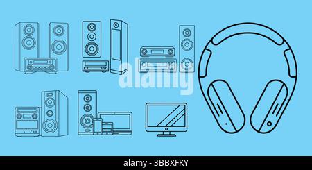 Outline illustrations of modern audio and entertainment technology elements on blue background Stock Vector