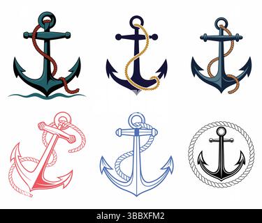 Set of six nautical anchor illustrations with rope in various colors and styles Stock Vector