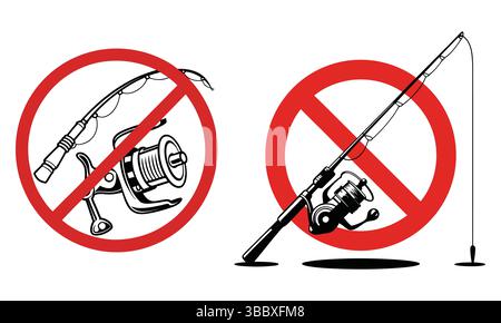 No fishing allowed prohibition signs illustrated with fishing rods and reels in red circles Stock Vector