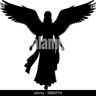 Heavenly Guardian: Elegant Angel with Spreading Wings Vector Art. Wings of Tranquility: Serene Angel Silhouette with Outstretched Grace Stock Vector