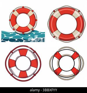 Four illustrated life buoys with different styles and details displayed on a white background Stock Vector