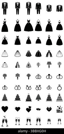 Elegant silhouettes of wedding attire and accessories for celebratory romantic designs Stock Vector