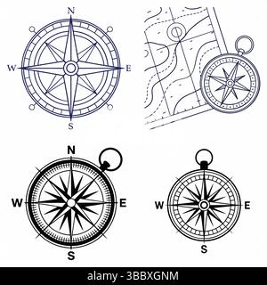 Various compass rose designs and map elements in vector graphics for navigation concepts Stock Vector