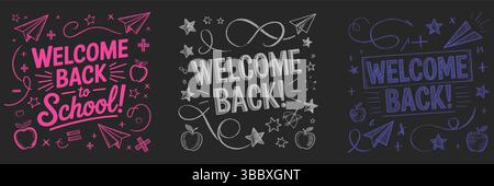 Creative welcome back to school designs with handwritten typography and chalkboard backgrounds Stock Vector