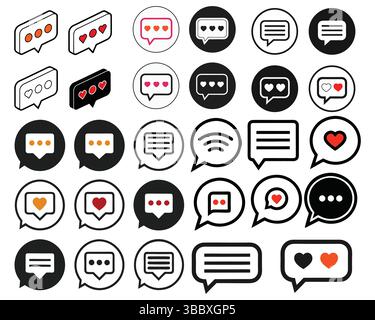 Collection of modern message bubble icons with hearts and dots for communication designs Stock Vector