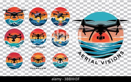Stunning Drone Aerial Photography Designs with Sunset & Ocean Backgrounds Stock Vector