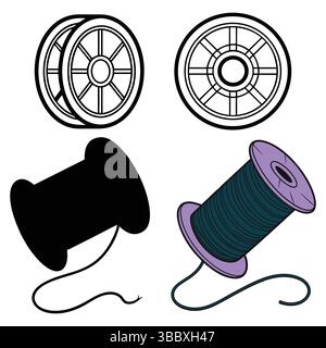 Set of four artistic spool designs featuring black and white illustrations and a colorful vector Stock Vector
