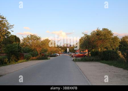 Early Evening Sky with Clouds and Moon over Trees and Rooftops Stock Photo