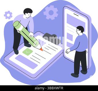 Teamwork Filling Checklist on Mobile Device – Flat Abstract Illustration. Bug Menegment Stock Vector
