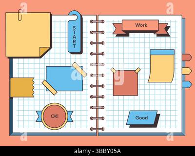 Diary with memo. Blank paper note memo, empty notebook message sheets for writing, cute decorative notepaper sticker note book pages. Vector Stock Vector