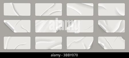 Crumpled sticker. Wrinkled paper labels with adhesive tape, old vintage glued rectangle memo notes with peel corners, realistic sticky tag mockup Stock Vector