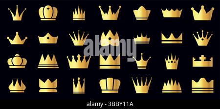 Golden crown icons. Royal king queen luxury crowns, gold coronation crest symbol for prince princess, nobility authority crowned award sign. Vector Stock Vector