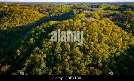 Aerial view from Apple Blossom Overlook Park showing rolling green hills and farmland at sunset with golden light over the rural Wisconsin landscape. Stock Photo