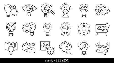 Creative idea line icons. Brainstorming solution lightbulb symbols, abstract thinking and business imagination, technology puzzle signs. Vector Stock Vector