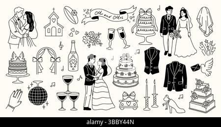 Hand drawn marriage. Wedding celebration romantic elements, cute doodle icons with bride groom rings cake flowers champagne. Vector wedding sketch set Stock Vector
