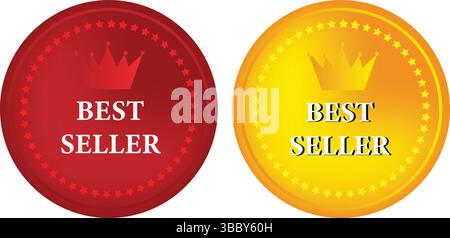 Crown Icon Best Seller Tags in Red and Yellow with Star Accents Stock Vector