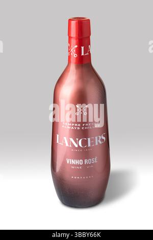 Italy - May 16, 2025: Bottle of Lancers rose Wine Portuguese in pink bottle on white background with clipping path included Stock Photo