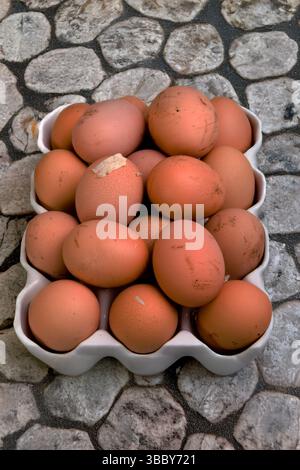 Still life with copy space of a pile of unwashed freshly laid free range brown chicken eggs heaped on a shaped china egg tray on a stone cobbled floor Stock Photo