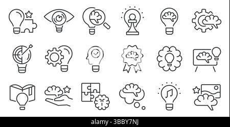 Creative idea line icons. Brainstorming solution lightbulb symbols, abstract thinking and business imagination, technology puzzle signs. Vector Stock Vector