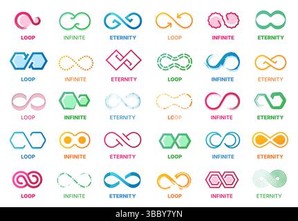 Infinity logo. Endless Mobius loop ribbon icons for limitless concept design, abstract geometric eternity signs, modern loops motion circle symbols Stock Vector