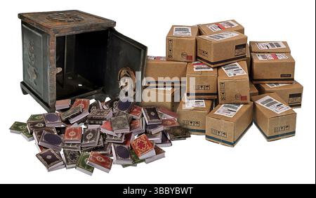 Old open, vintage bank vault or safe to hold money and wealth including shipments of treasures and books Stock Photo