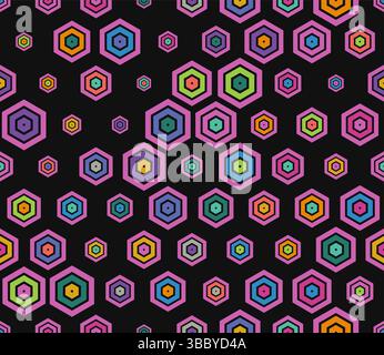 Hexagon pattern geometric design. Multicolored geometric elements of varied sizes. Plain hexagon frames. Honeycomb cells. Tileable pattern. Stock Vector