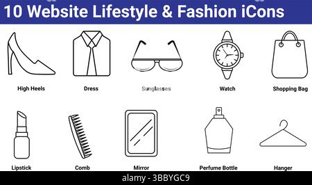 10 Website Lifestyle & Fashion Icons - High Heels, Sunglasses, Watch & More Stock Vector