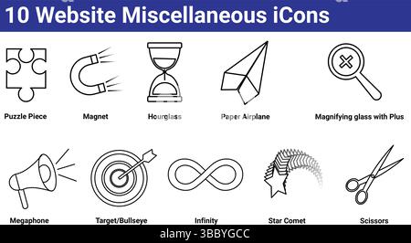 10 Website Miscellaneous Icons - Puzzle Piece, Magnet, Hourglass & More Stock Vector