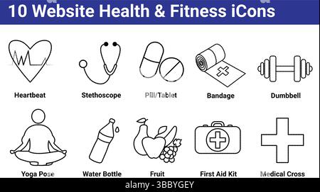 10 Website Health & Fitness Icons: Outline Vector Set Stock Vector