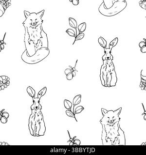 Seamless pattern with foxes, hares, mistletoe berries, and leafy branches hand drawn black white outline vector. Monochrome woodland animals repeated Stock Vector