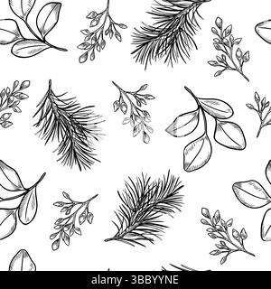 Seamless botanical pattern with branches, leaves and coniferous hand drawn black white outline vector. Winter foliage line art repeat design for Stock Vector
