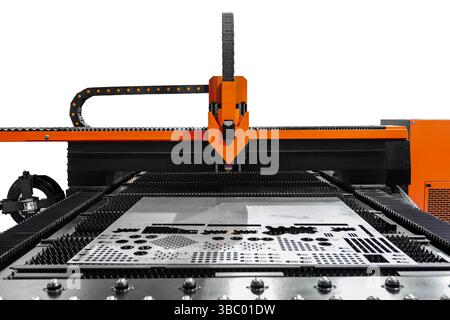 Cutting of sheet metal process. Sparks fly from laser by automatic cutting CNC, PLC machine. fabricate work, factory, production Stock Photo