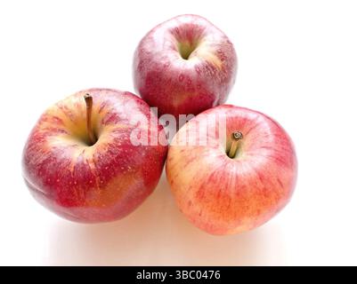 Three apples are sitting on a white surface. They are red and shiny. The apples are ripe and ready to eat Stock Photo
