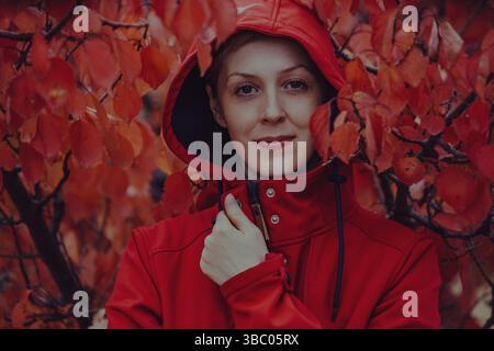Portrait of young woman tourist in a hooded jacket among red autumn leaves Stock Photo