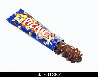 Picnic Big x2 (Mondelez int) opened chocolate-nut bar, product shot on white Stock Photo