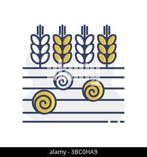 Ears of Wheat, Barley or Rye on field and round hay bales icon. Agriculture sign. Graph symbol for your web site design, logo, app, UI. Vector illustr Stock Vector