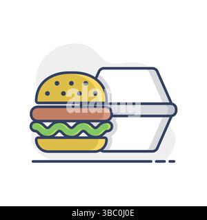 Burger with closed cardboard box vector icon. Delivery sign. Graph symbol for cooking web site and apps design, logo, app, UI Stock Vector