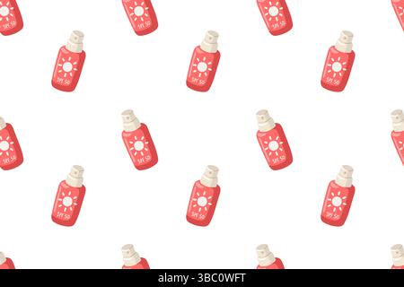 Seamless pattern with cartoon SPF 50 sunscreen bottles. Cartoon style. Summer skin care vector background  Stock Vector