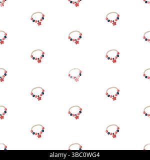 Seamless cartoon pattern of woven rope bracelets with red and navy beads and starfish charm. Beach accessory vector background Stock Vector