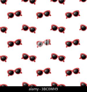 Seamless pattern with cartoon red sunglasses. Summer fashion vector background for beachwear, packaging and accessories design.  Stock Vector