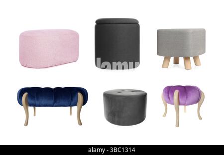 Different poufs isolated on white, collage. Interior element Stock Photo