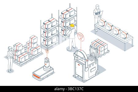 Male and female warehouse workers use barcode scanners to analyze newly arrived goods, ensuring accurate inventory management within the supply chain. Stock Vector