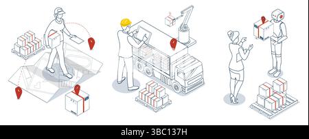 Delivery services isometric illustration set. People and Robot delivering a box to a customer at home or office. Smart Logistics Business. Stock Vector